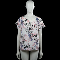 Vila - Blouse - White & Pink - Size L - White top with a pink, black, and purple floral print and a round neckline. Features short flutter sleeves and a straight hem.