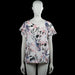 Vila - Blouse - White & Pink - Size L - White top with a pink, black, and purple floral print and a round neckline. Features short flutter sleeves and a straight hem.