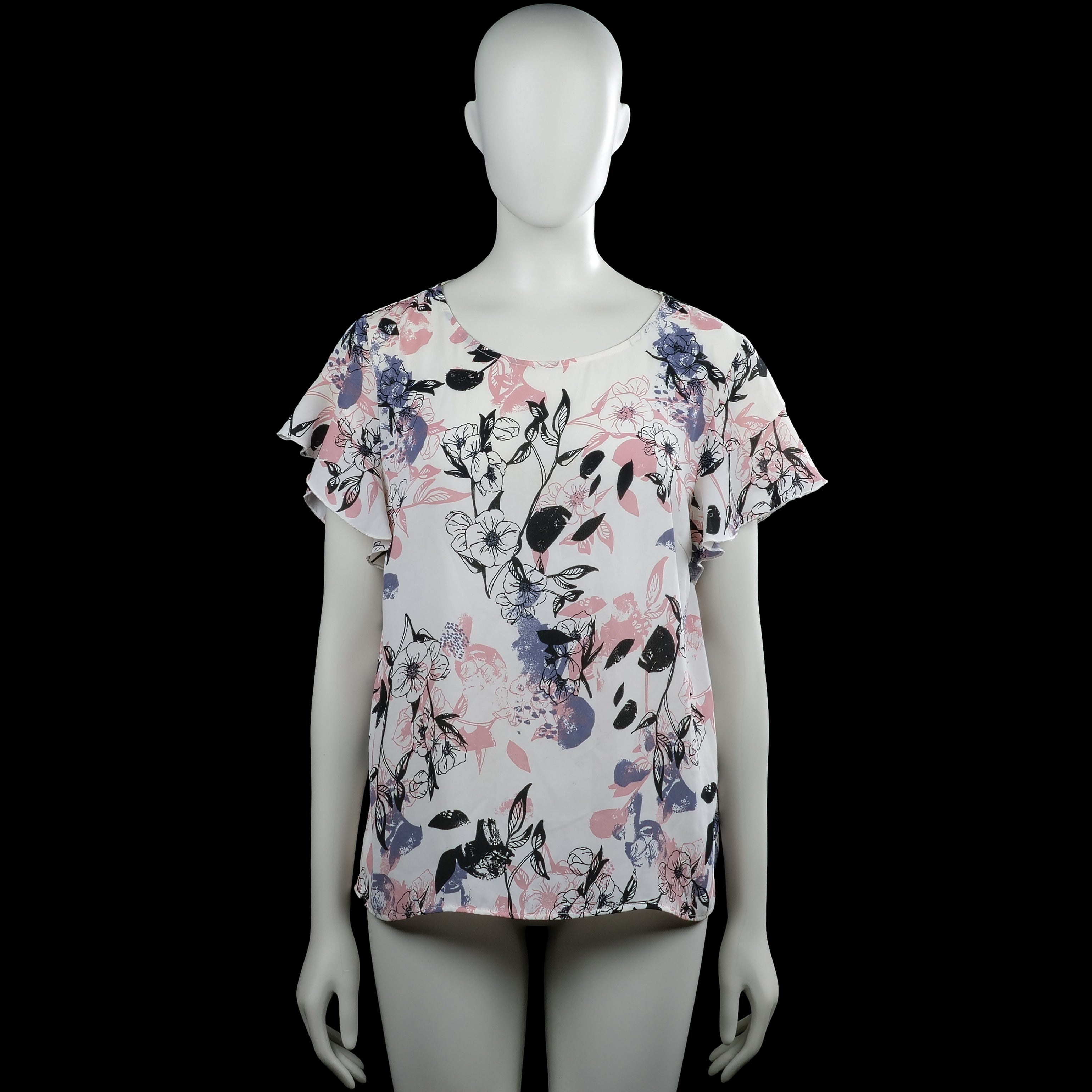 Vila - Blouse - White & Pink - Size L - White top with a pink, black, and purple floral print and a round neckline. Features short flutter sleeves and a straight hem.