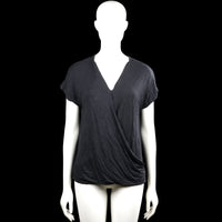 Ql - Blouse - Black - Size M - Black solid top with a V-neck wrap-style front and short sleeves. Straight hem with plain cuffs.