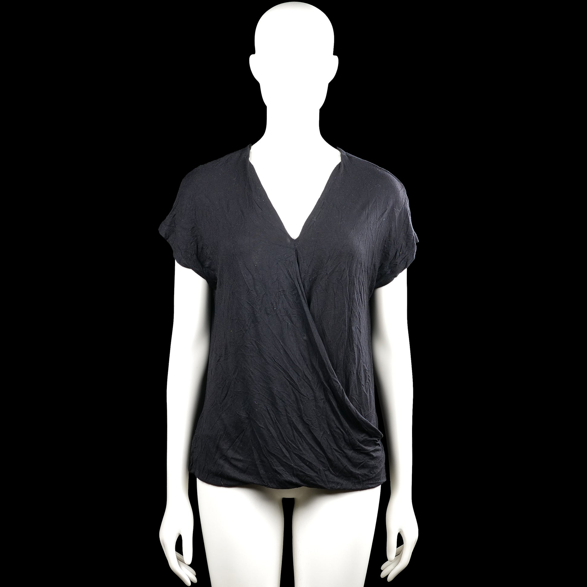 Ql - Blouse - Black - Size M - Black solid top with a V-neck wrap-style front and short sleeves. Straight hem with plain cuffs.