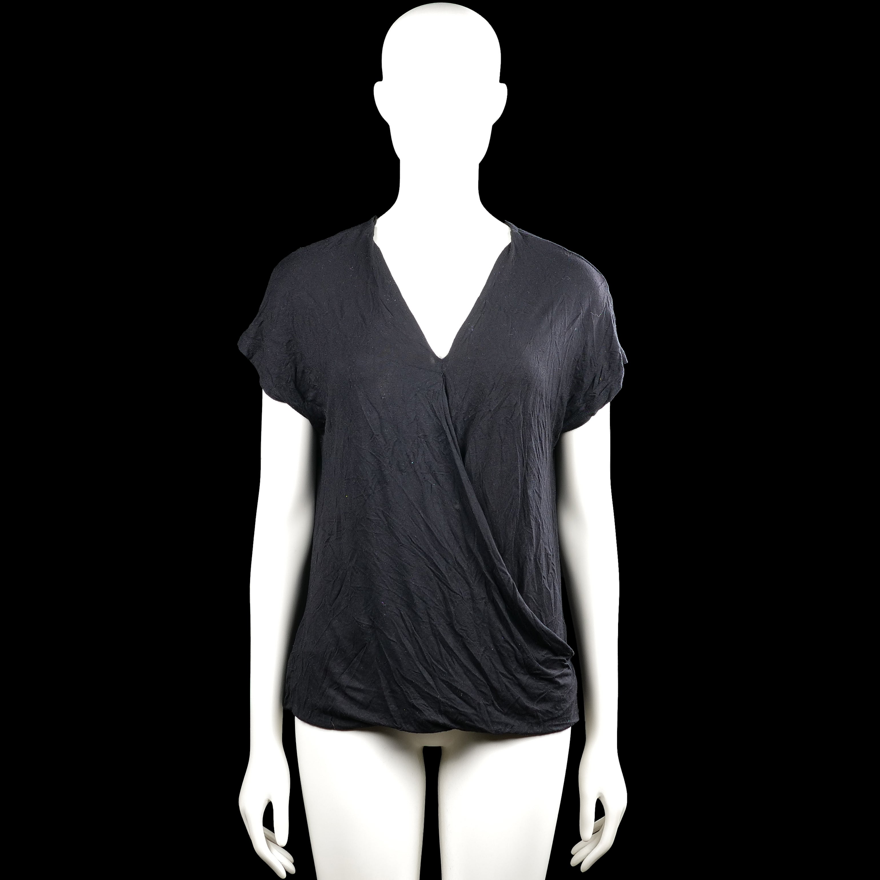 Ql - Blouse - Black - Size M - Black solid top with a V-neck wrap-style front and short sleeves. Straight hem with plain cuffs.