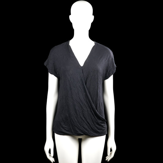 Ql - Blouse - Black - Size M - Black solid top with a V-neck wrap-style front and short sleeves. Straight hem with plain cuffs.