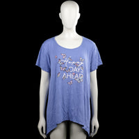 Janina - Tunic - Light Blue - Size L - Light blue short-sleeve top with a scoop neck and plain cuffs. Features a front butterfly and text graphic and an asymmetrical handkerchief-style hem.