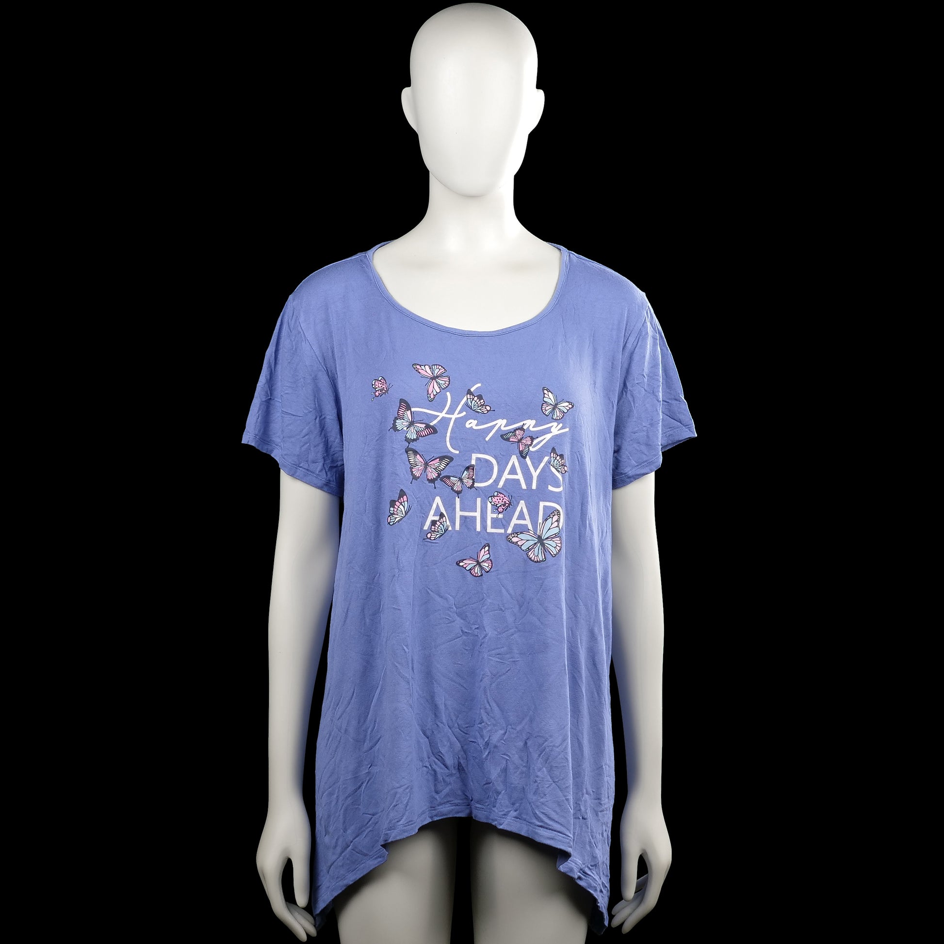Janina - Tunic - Light Blue - Size L - Light blue short-sleeve top with a scoop neck and plain cuffs. Features a front butterfly and text graphic and an asymmetrical handkerchief-style hem.