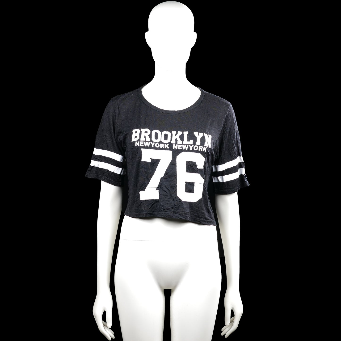 Boohoo - T-shirt - Black & White - Size 34 - Black short-sleeve top with a round neck and a straight hem. Features white text and a large number graphic on the front, plus two white stripes on each sleeve.