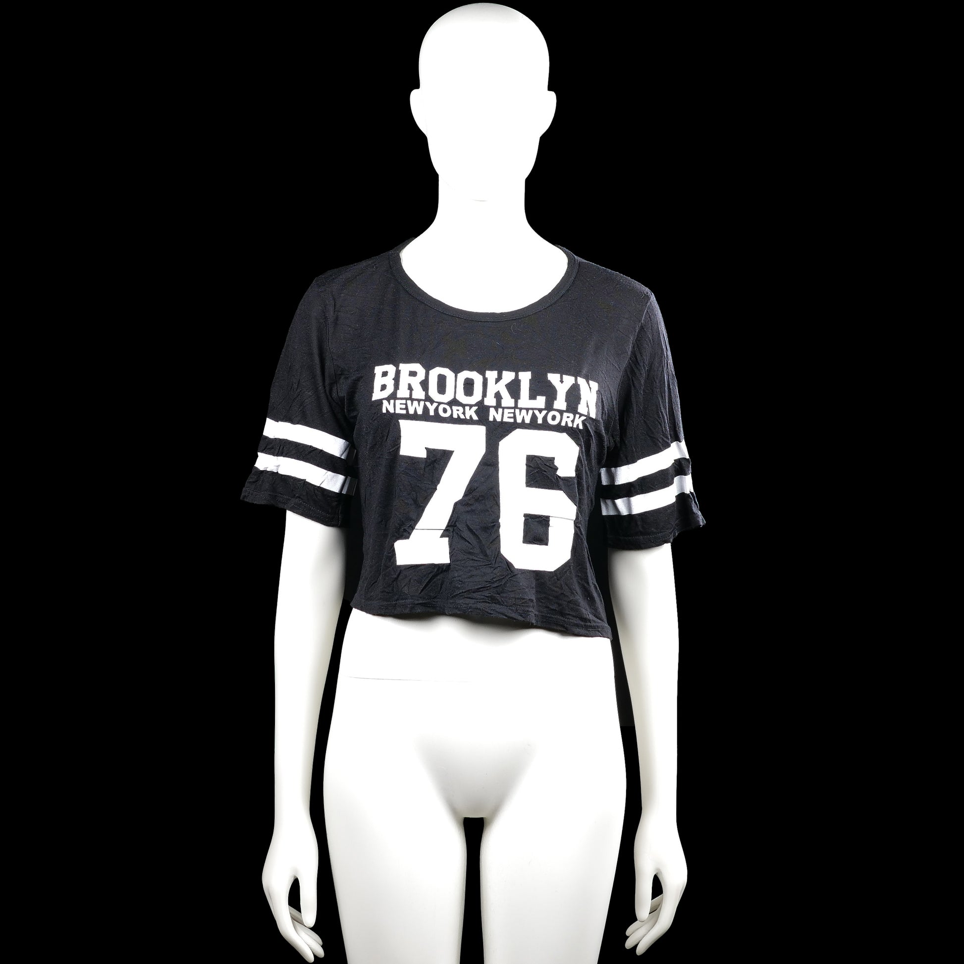 Boohoo - T-shirt - Black & White - Size 34 - Black short-sleeve top with a round neck and a straight hem. Features white text and a large number graphic on the front, plus two white stripes on each sleeve.