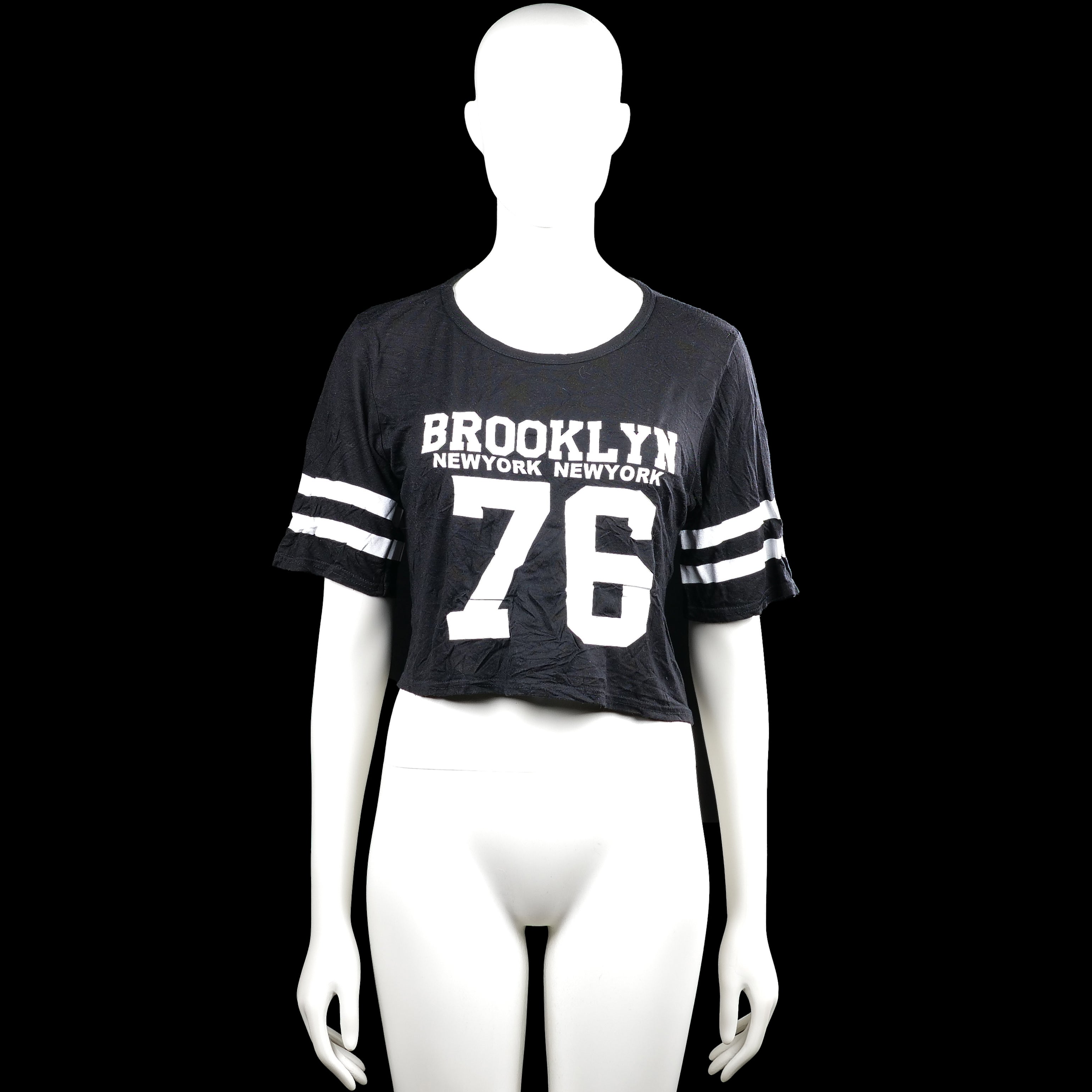 Boohoo - T-shirt - Black & White - Size 34 - Black short-sleeve top with a round neck and a straight hem. Features white text and a large number graphic on the front, plus two white stripes on each sleeve.