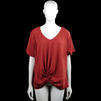 Ms Mode - T-shirt - Brick Red - Size XXL - Brick red solid top with a V-neck and short sleeves. Features a twisted front hem detail.