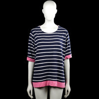 Lindex Holly & Whyte - T-shirt - Navy & Pink - Size XL - Navy and pink striped top with a round neck and short sleeves. Features plain cuffs, a straight hem with a pink band, and a small back keyhole opening.