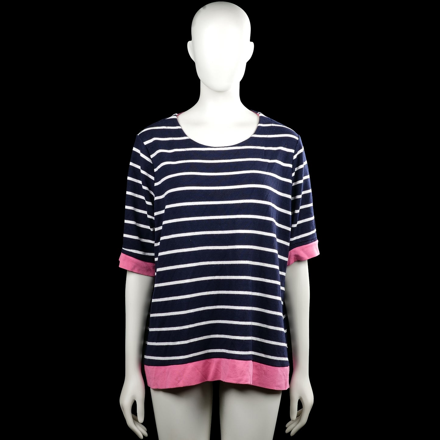 Lindex Holly & Whyte - T-shirt - Navy & Pink - Size XL - Navy and pink striped top with a round neck and short sleeves. Features plain cuffs, a straight hem with a pink band, and a small back keyhole opening.