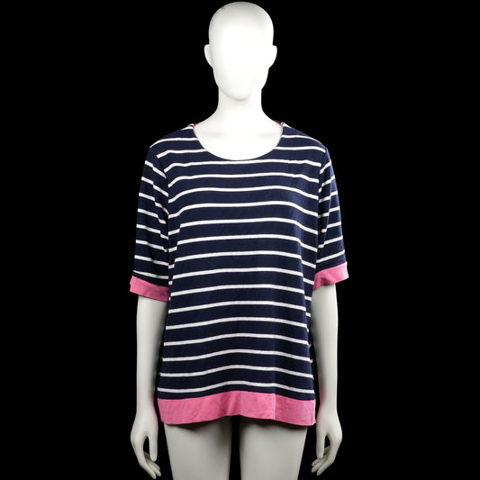 Lindex Holly & Whyte - T-shirt - Navy & Pink - Size XL - Navy and pink striped top with a round neck and short sleeves. Features plain cuffs, a straight hem with a pink band, and a small back keyhole opening.