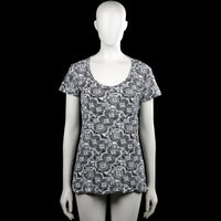 T-shirt - Black & White - Size L - Black and white top with an all-over geometric print and a scoop neckline. Short sleeves with plain cuffs and a straight hem.