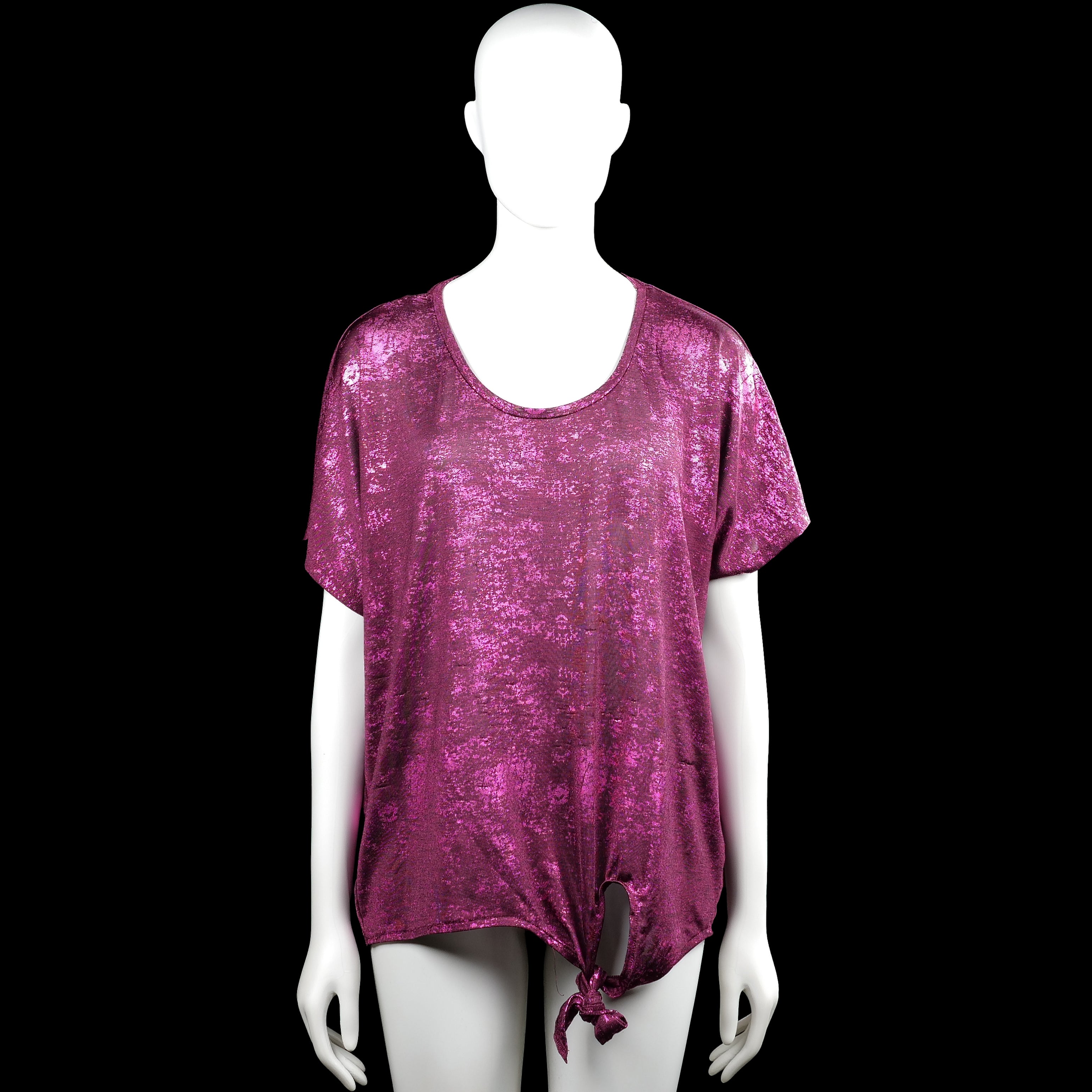 Miss etam - T-shirt - Purple - Size XL - Purple solid top with a scoop neckline and short sleeves. Features plain cuffs and an asymmetrical hem with a tied detail at the front.