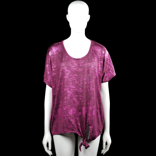 Miss etam - T-shirt - Purple - Size XL - Purple solid top with a scoop neckline and short sleeves. Features plain cuffs and an asymmetrical hem with a tied detail at the front.