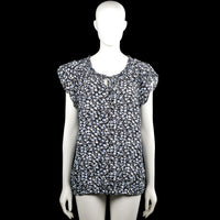 Zabaione - Blouse - Black & Light Blue - Size XL - Black and light blue floral top with a round neckline and short sleeves. Features a keyhole opening with ties at the front and an elastic hem.
