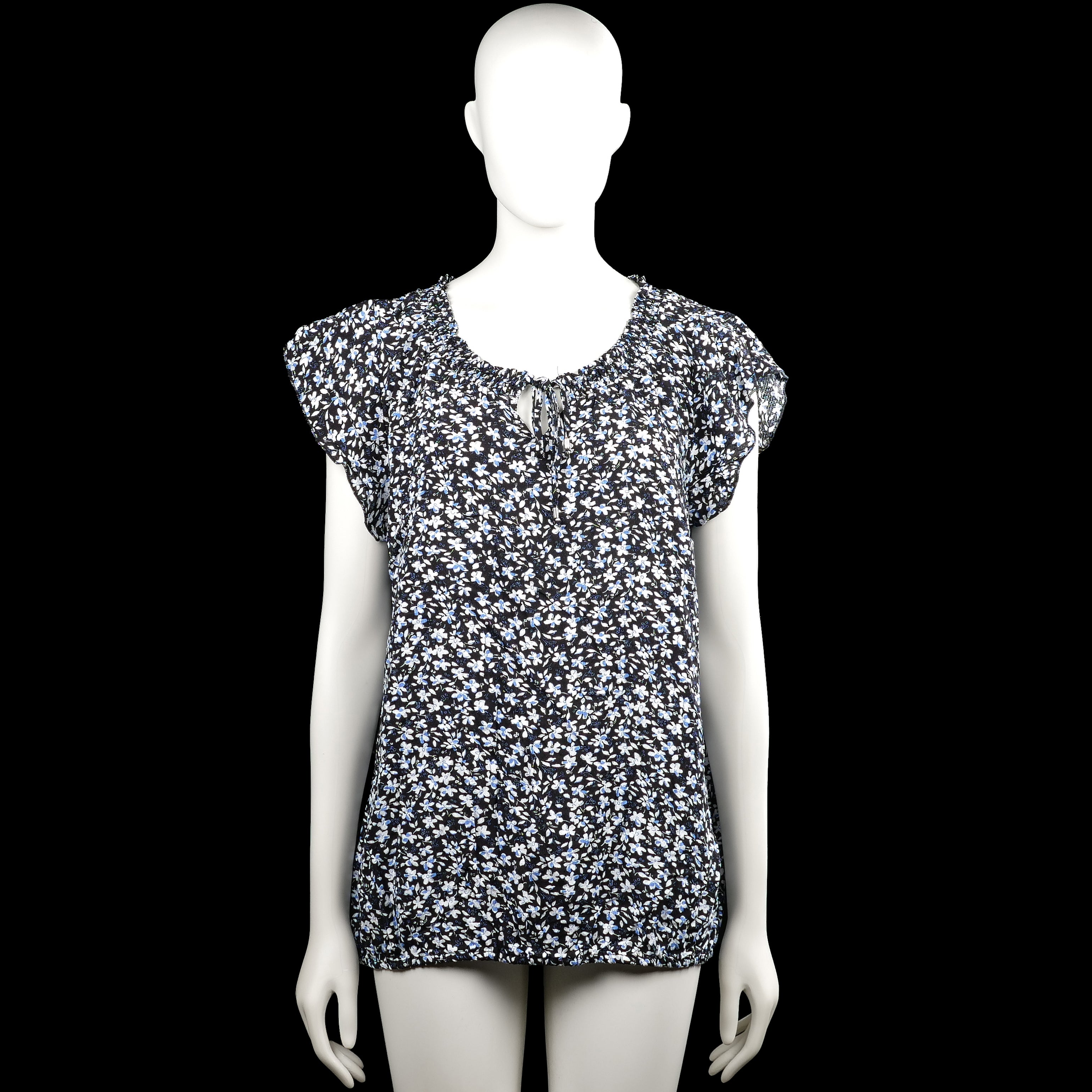 Zabaione - Blouse - Black & Light Blue - Size XL - Black and light blue floral top with a round neckline and short sleeves. Features a keyhole opening with ties at the front and an elastic hem.