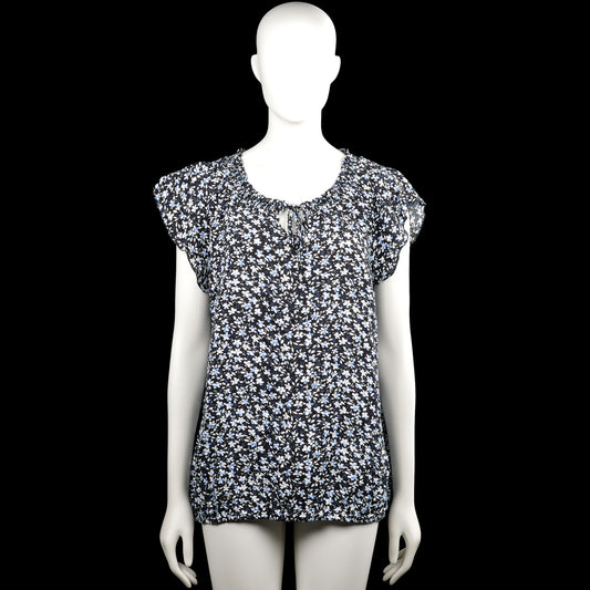 Zabaione - Blouse - Black & Light Blue - Size XL - Black and light blue floral top with a round neckline and short sleeves. Features a keyhole opening with ties at the front and an elastic hem.