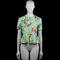 Inditex - Blouse - Sage & Multicolored - Size XS - Sage top with a multicolored floral pattern, round neckline, and short sleeves. Features plain cuffs and a peplum hem.