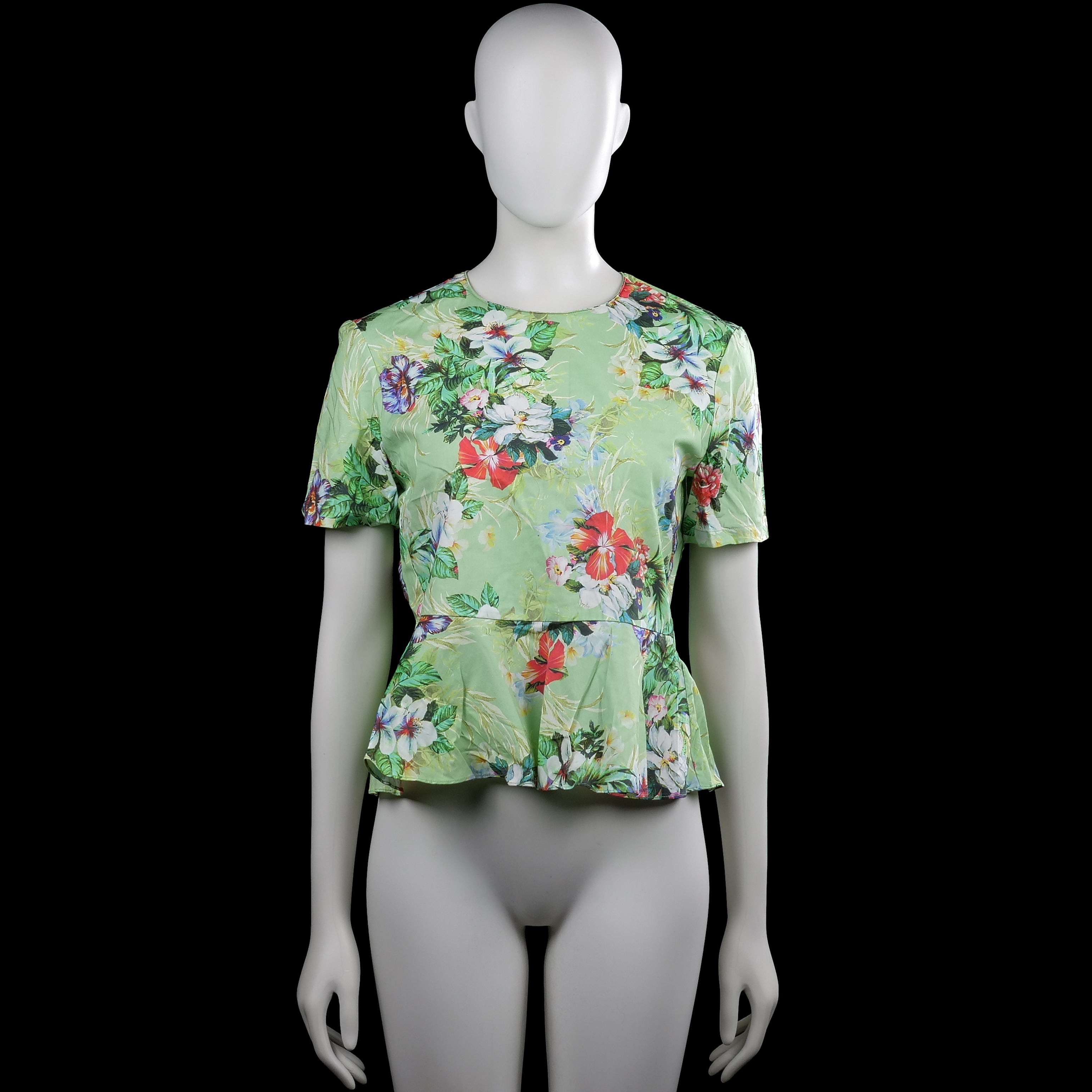 Inditex - Blouse - Sage & Multicolored - Size XS - Sage top with a multicolored floral pattern, round neckline, and short sleeves. Features plain cuffs and a peplum hem.