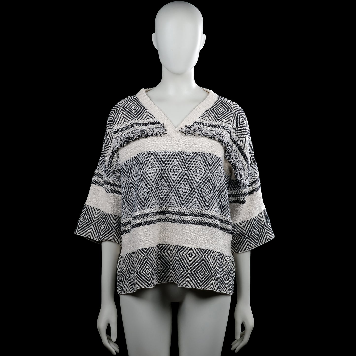 Sweater - Ivory & Black - Size L - Ivory and black patterned top with a V-neck and three-quarter sleeves. Features a straight hem and decorative fringe trim across the upper chest and back.