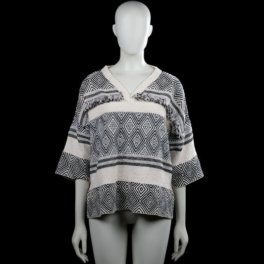 Sweater - Ivory & Black - Size L - Ivory and black patterned top with a V-neck and three-quarter sleeves. Features a straight hem and decorative fringe trim across the upper chest and back.