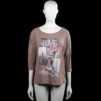 Etam - Long-sleeve top - Taupe - Size L - Taupe top with a boat neckline and three-quarter sleeves with plain cuffs. Features a large front graphic print and a curved hem.
