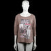Etam - Long-sleeve top - Taupe - Size L - Taupe top with a boat neckline and three-quarter sleeves with plain cuffs. Features a large front graphic print and a curved hem.