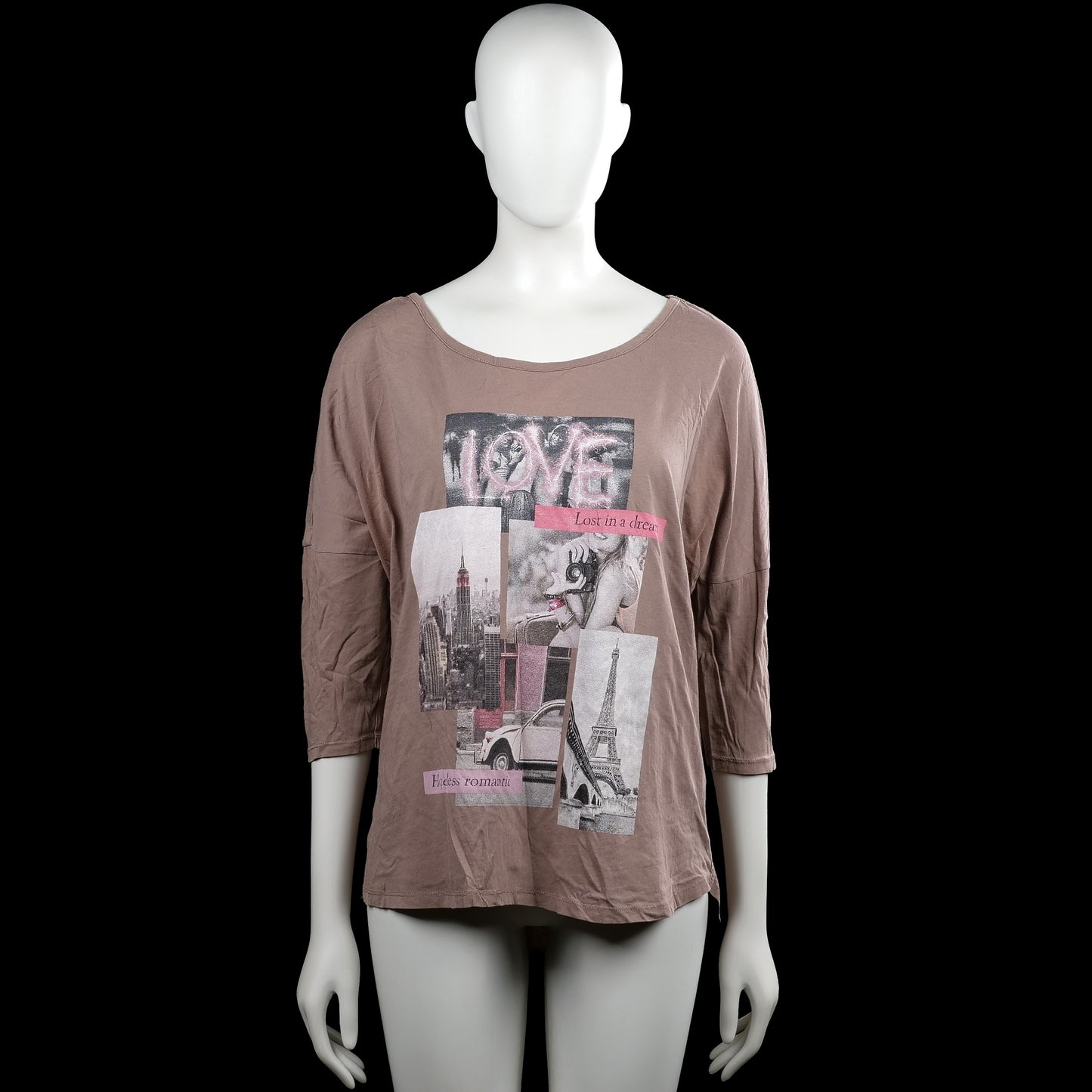 Etam - Long-sleeve top - Taupe - Size L - Taupe top with a boat neckline and three-quarter sleeves with plain cuffs. Features a large front graphic print and a curved hem.