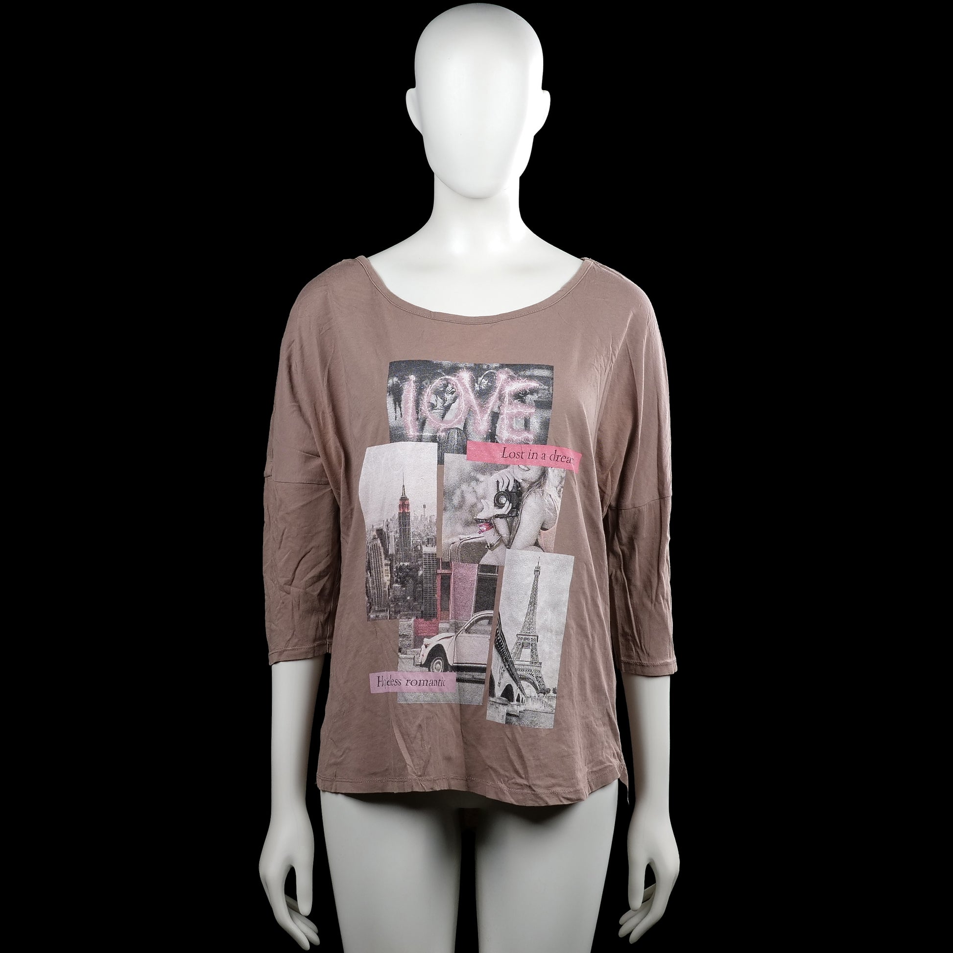 Etam - Long-sleeve top - Taupe - Size L - Taupe top with a boat neckline and three-quarter sleeves with plain cuffs. Features a large front graphic print and a curved hem.