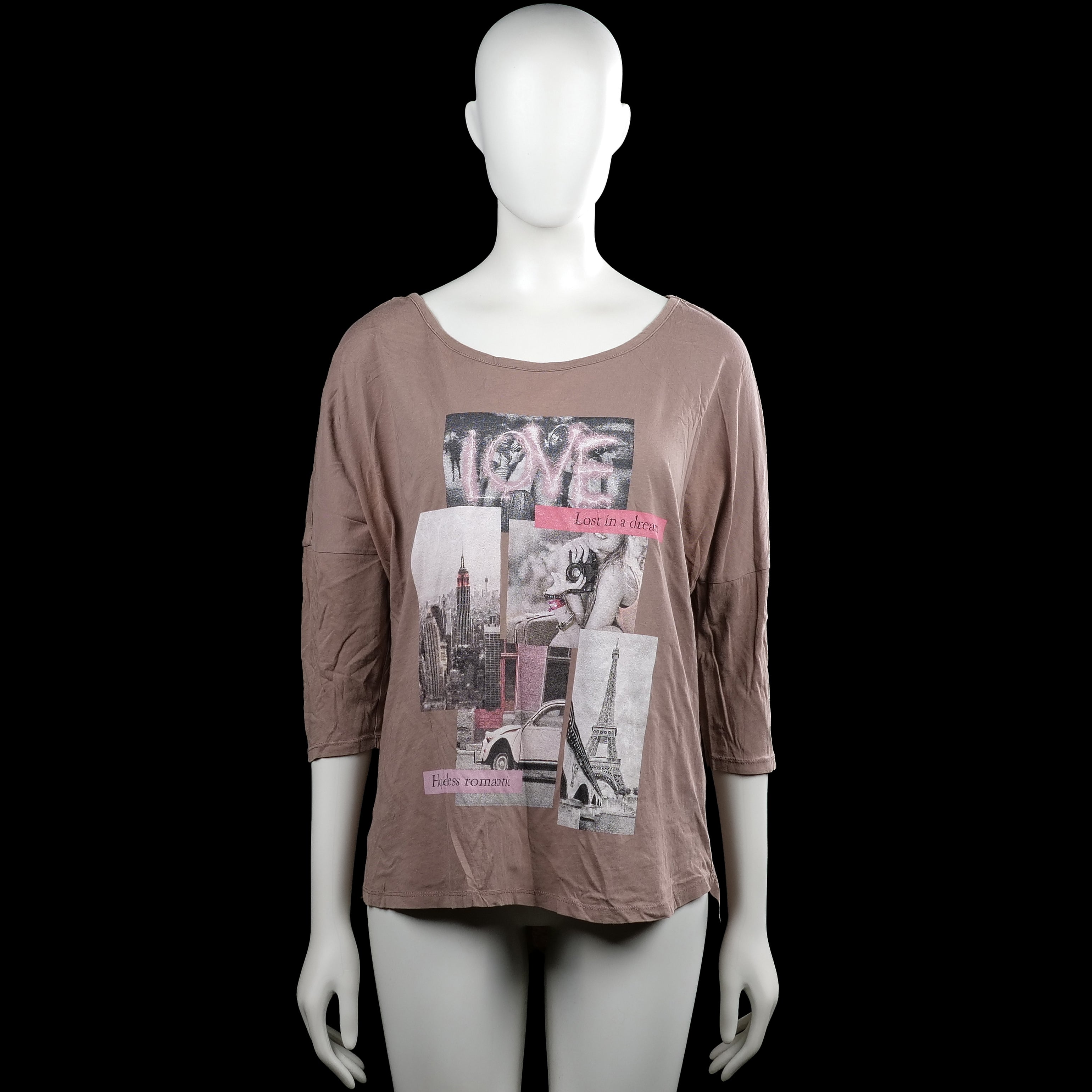 Etam - Long-sleeve top - Taupe - Size L - Taupe top with a boat neckline and three-quarter sleeves with plain cuffs. Features a large front graphic print and a curved hem.