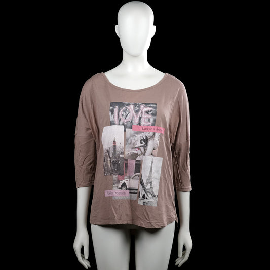 Etam - Long-sleeve top - Taupe - Size L - Taupe top with a boat neckline and three-quarter sleeves with plain cuffs. Features a large front graphic print and a curved hem.
