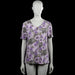 Kingfield - T-shirt - Purple & Gray - Size M - Purple and gray floral top with a V-neck and short sleeves. Features a short button placket at the neckline and a straight hem.