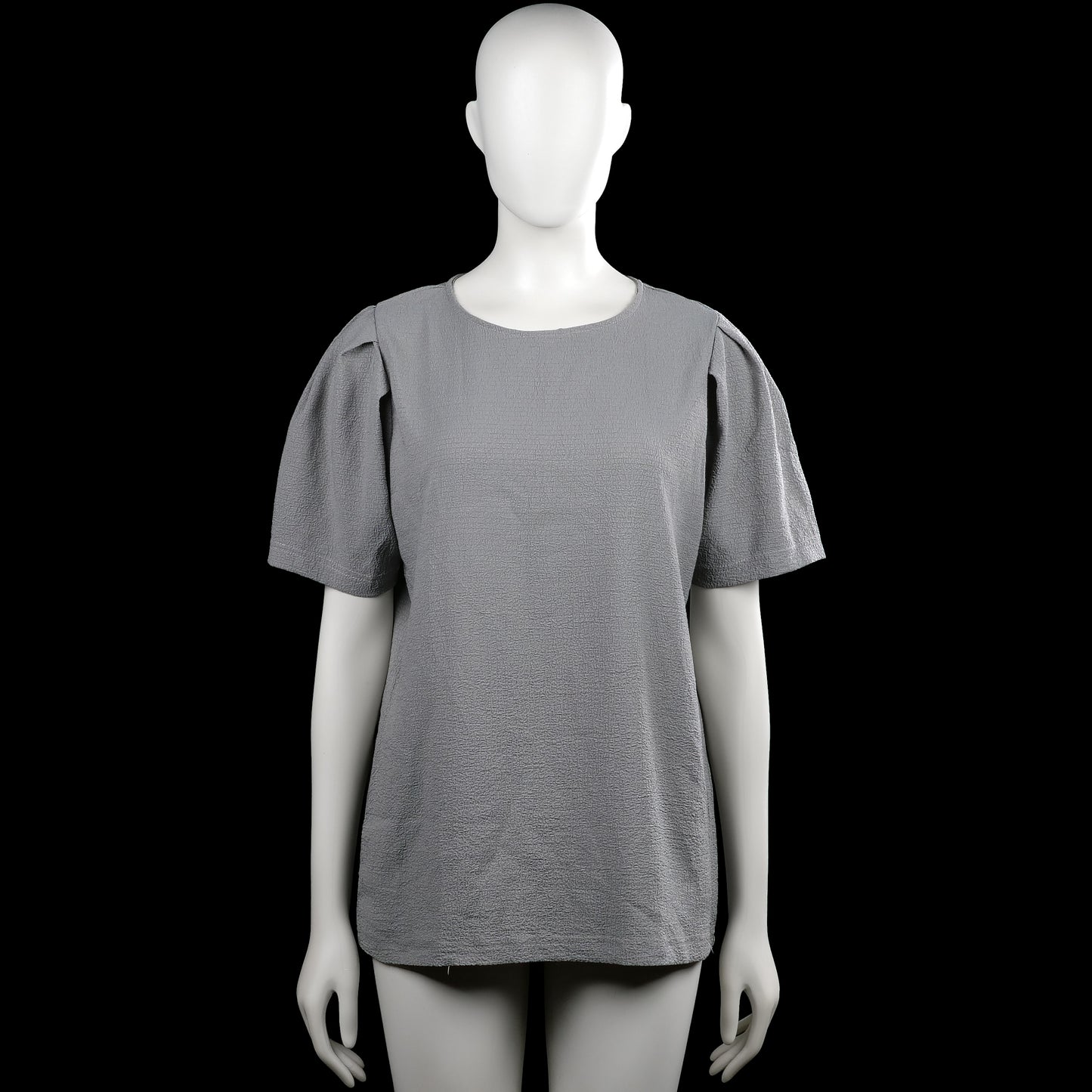 Tunic - Gray - Size M - Gray solid top with a round neckline and short sleeves with pleated shoulders. Straight hem and a short back zipper closure at the neckline.