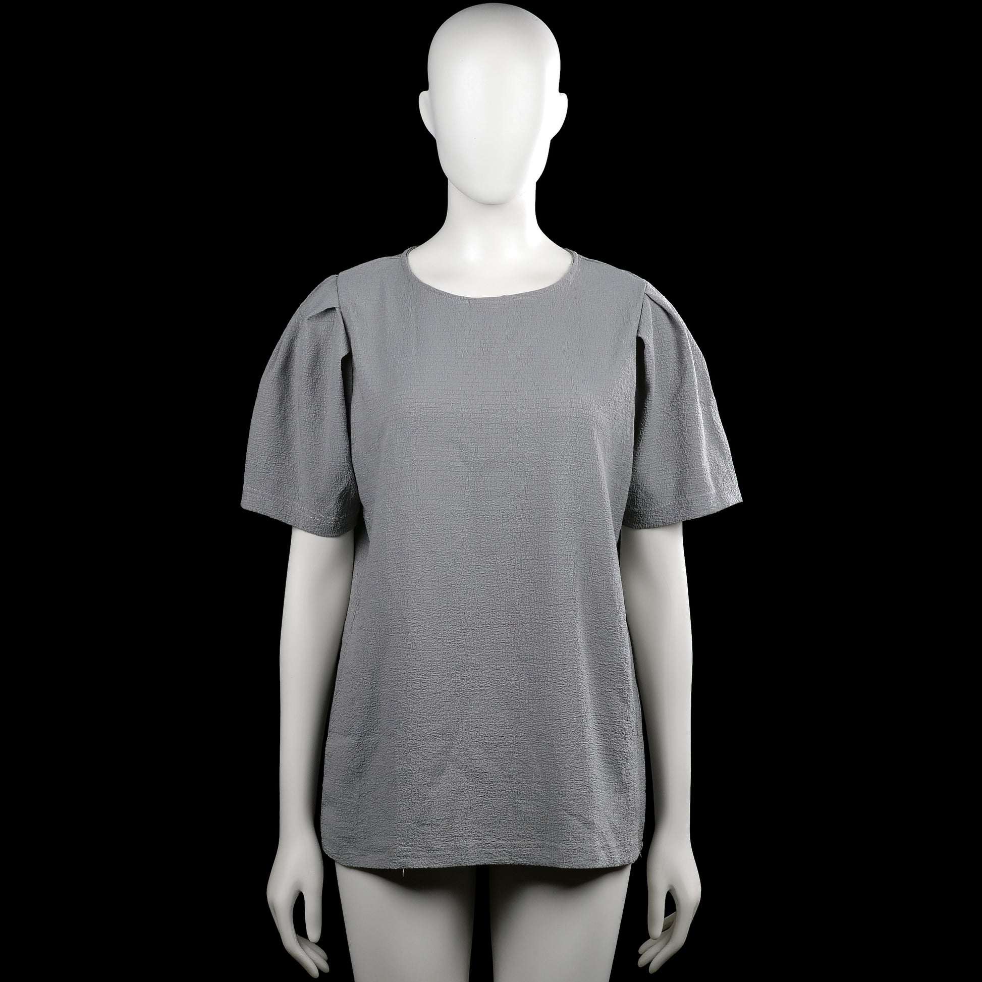 Tunic - Gray - Size M - Gray solid top with a round neckline and short sleeves with pleated shoulders. Straight hem and a short back zipper closure at the neckline.