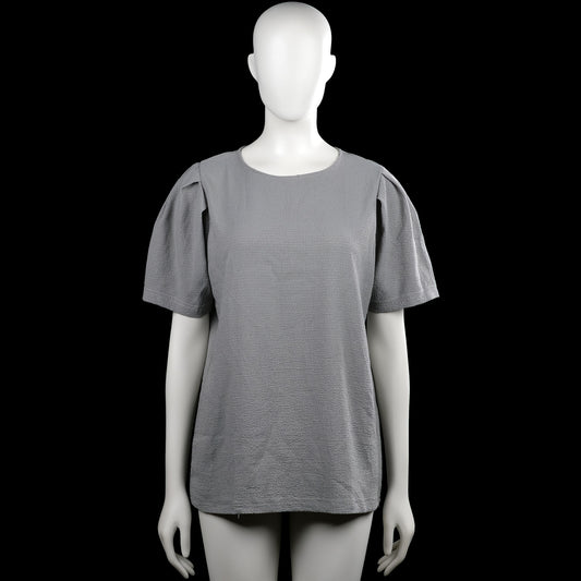 Tunic - Gray - Size M - Gray solid top with a round neckline and short sleeves with pleated shoulders. Straight hem and a short back zipper closure at the neckline.