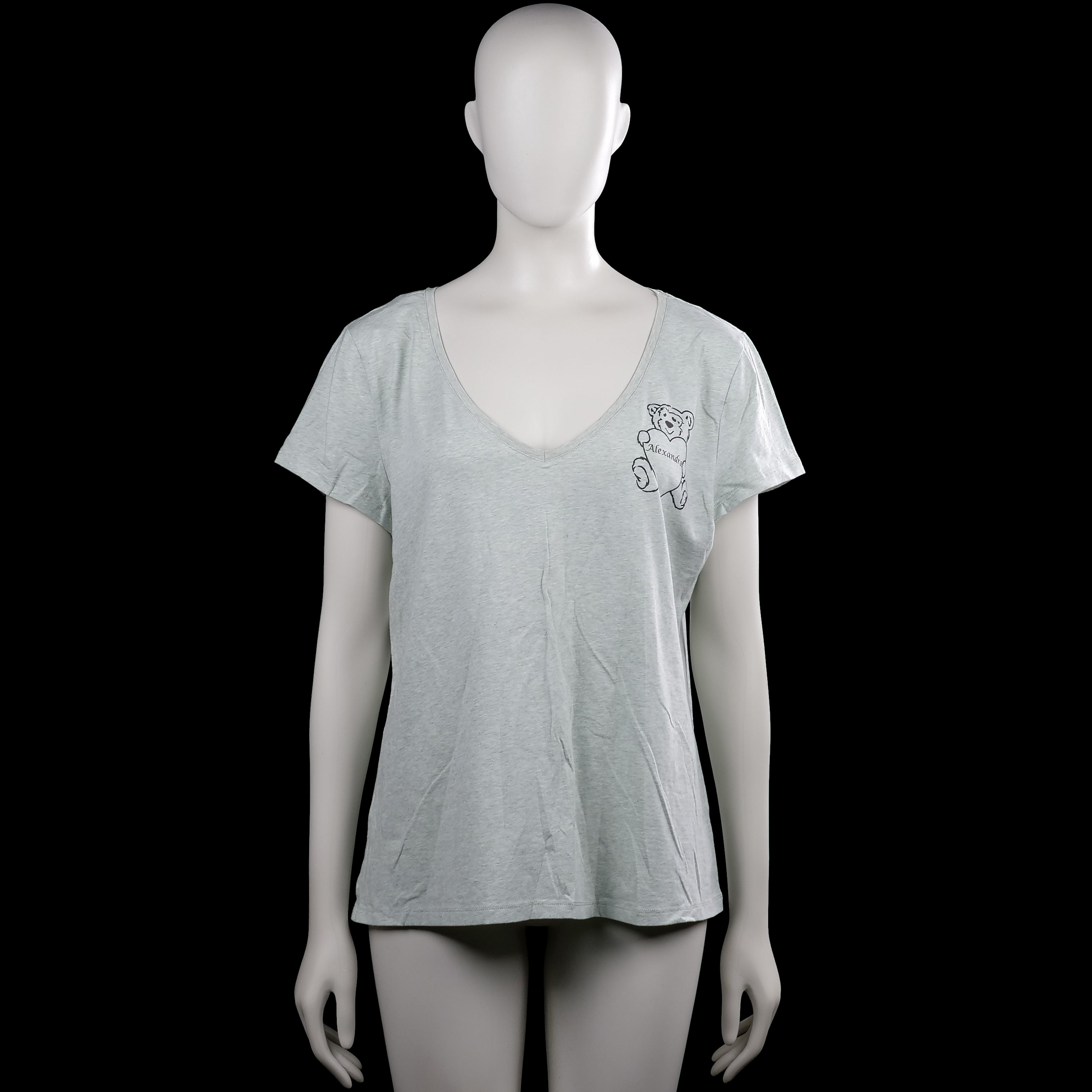 H&M - T-shirt - Light Gray - Size XL - Light gray short-sleeve top with a V-neckline and straight hem. Features black printed text and graphics on the front and back.