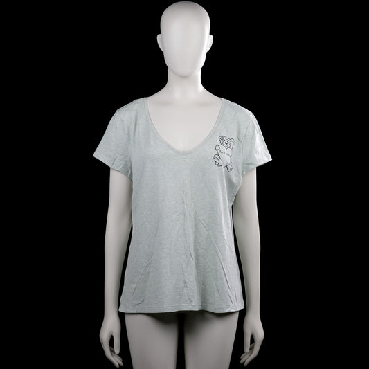 H&M - T-shirt - Light Gray - Size XL - Light gray short-sleeve top with a V-neckline and straight hem. Features black printed text and graphics on the front and back.