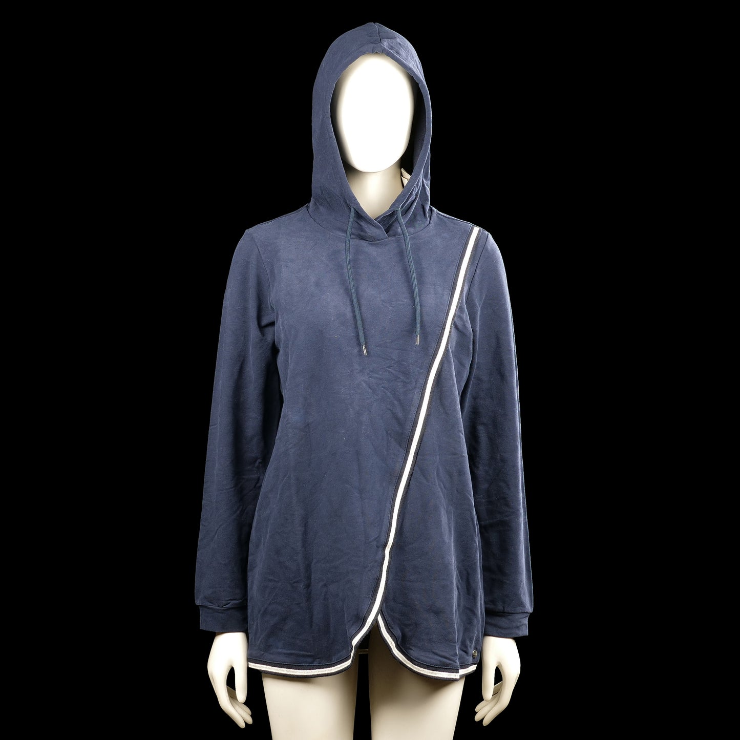 Esprit - Hoodie - Navy & White - Size XL - (NEW) - Navy hooded top with long sleeves and drawstrings. Features a diagonal white-trimmed zipper and a curved hem.
