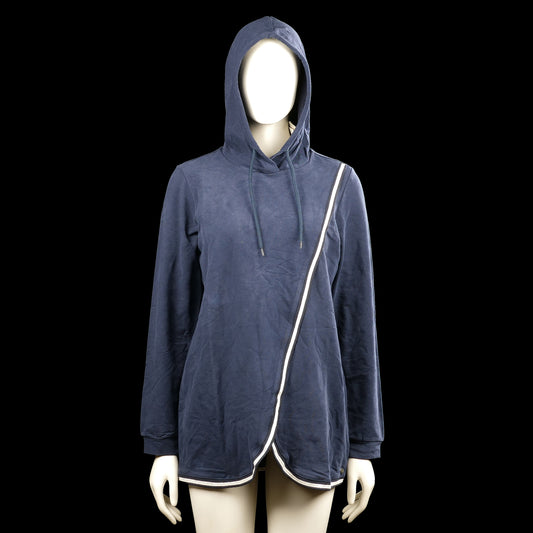 Esprit - Hoodie - Navy & White - Size XL - (NEW) - Navy hooded top with long sleeves and drawstrings. Features a diagonal white-trimmed zipper and a curved hem.