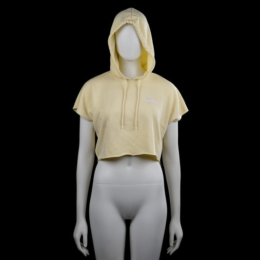 Fb Sister - Hoodie - Ivory - Size XS - Ivory solid hooded top with short sleeves and drawstrings at the hood. Cropped length with a straight hem and small text on the left chest.