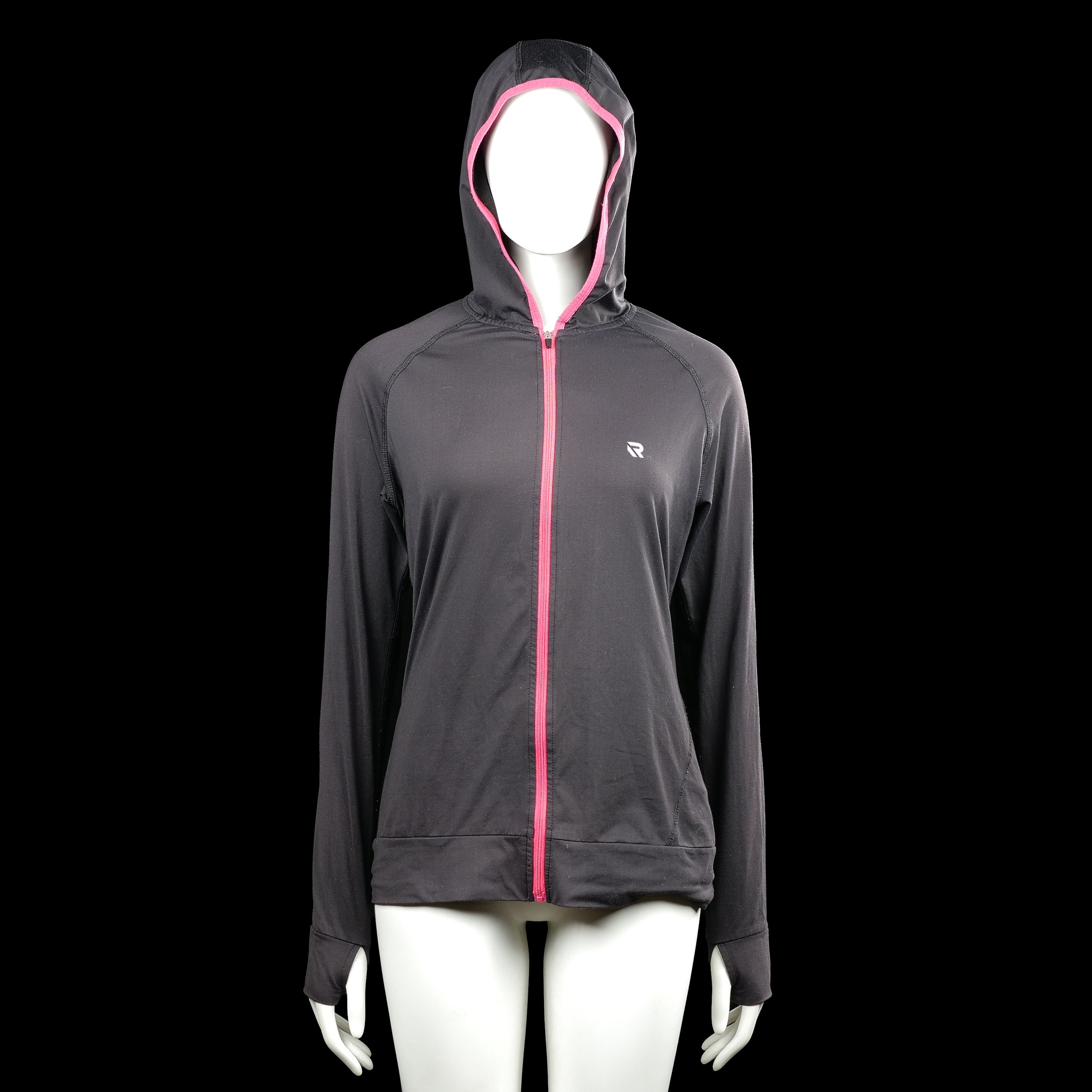 Redmax - Hoodie - Black & Pink - Size M - Black solid hooded jacket with a pink front zipper and pink trim around the hood opening. Long sleeves with plain cuffs and a straight hem.