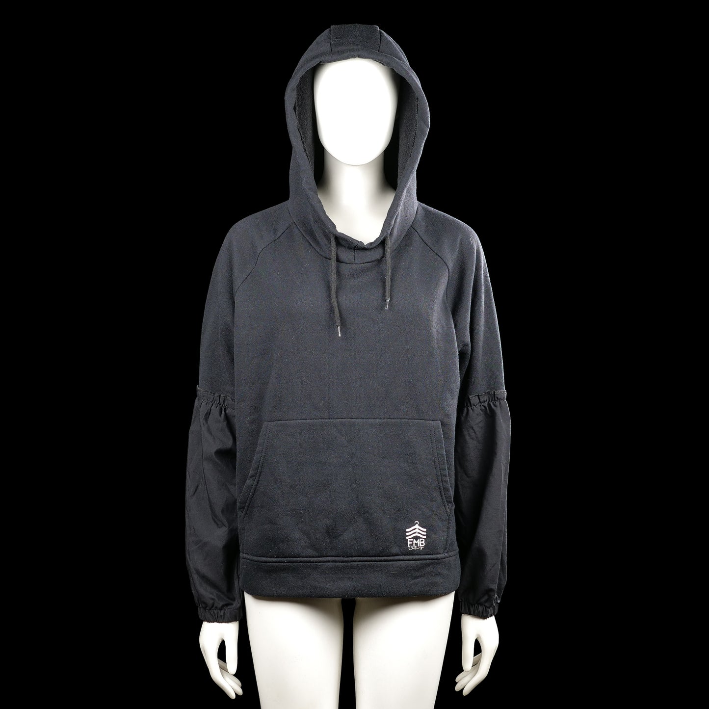 Fmb - Hoodie - Black & White - Size XL - Black hooded sweatshirt with drawstrings, a kangaroo pocket, and a straight hem. Features elastic cuffs and white text print on the back.