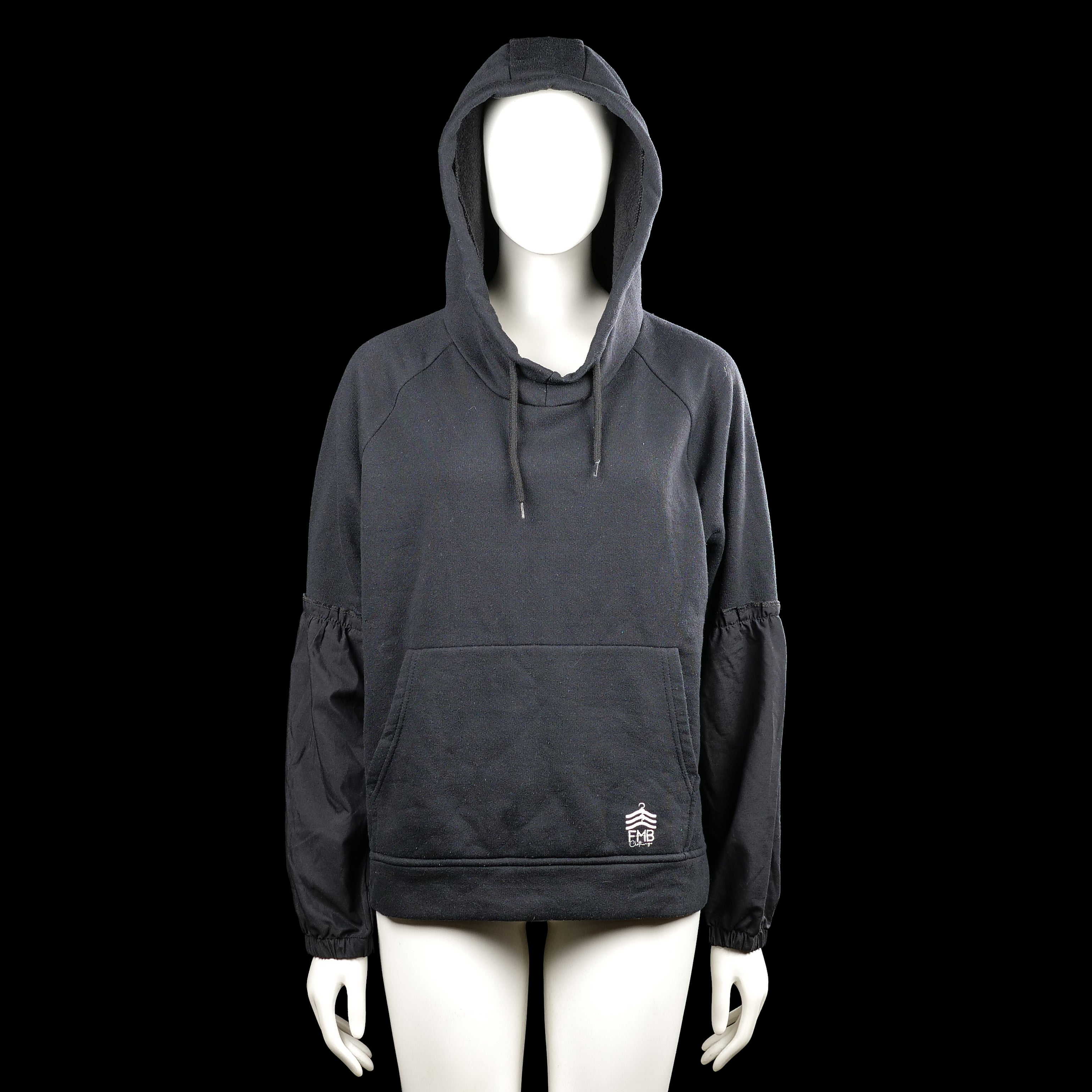 Fmb - Hoodie - Black & White - Size XL - Black hooded sweatshirt with drawstrings, a kangaroo pocket, and a straight hem. Features elastic cuffs and white text print on the back.