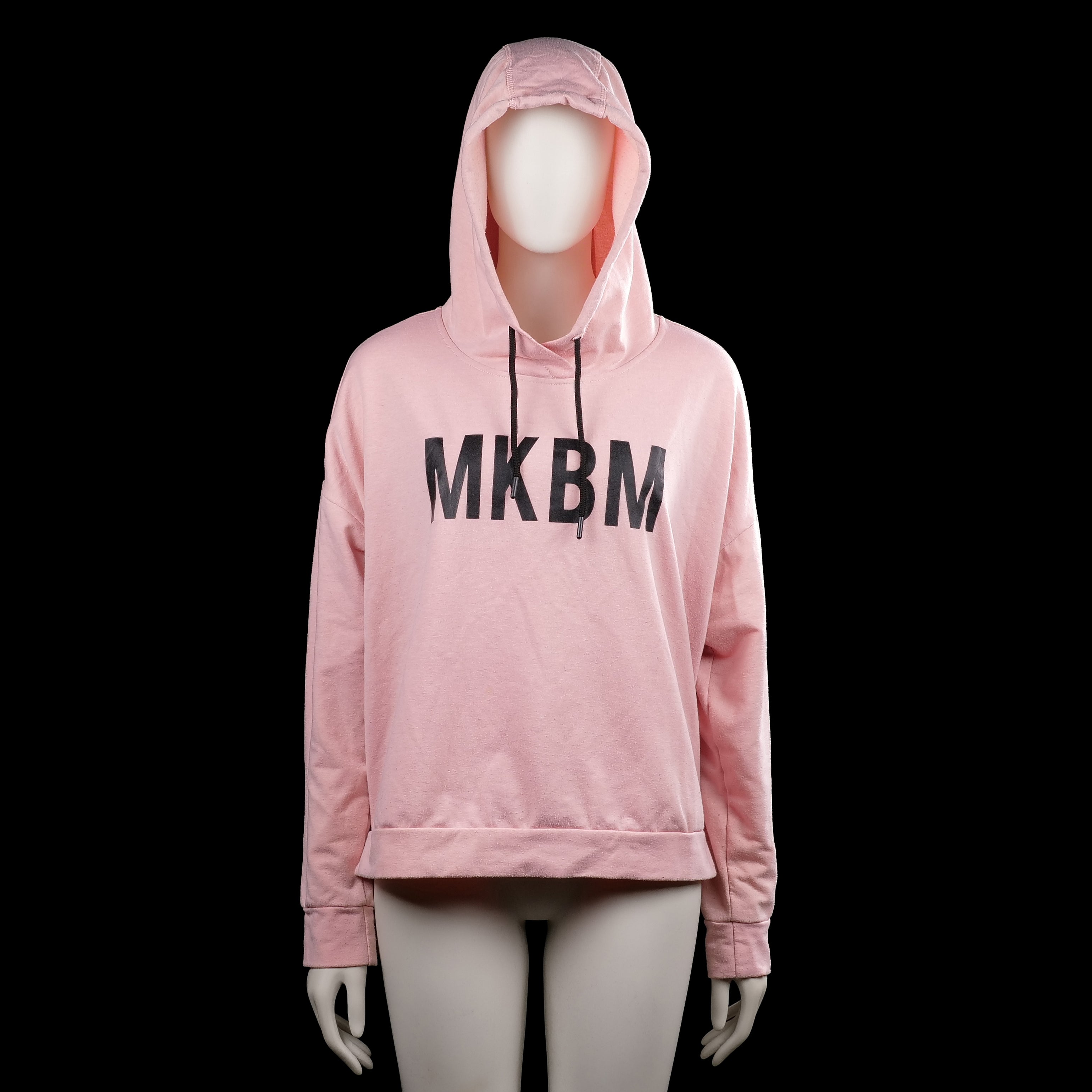 Mkbm - Hoodie - Pink & Black - Size XL - Pink hooded sweatshirt with long sleeves, black drawstrings, and black letter print on the front. Straight hem and plain cuffs.