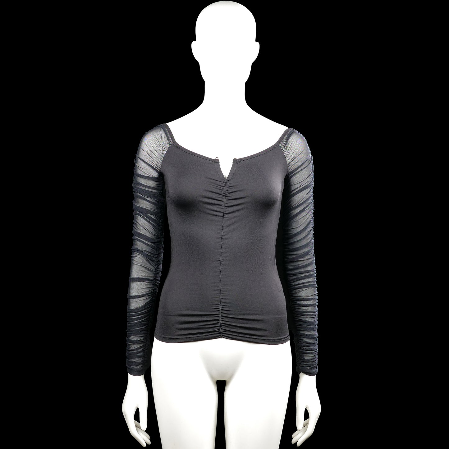 Shein - Long-sleeve top - Black & Gray - Size S - Black top with long gray ruched sleeves and a gathered seam down the center front. Scoop neckline with a small V-notch and a straight hem.