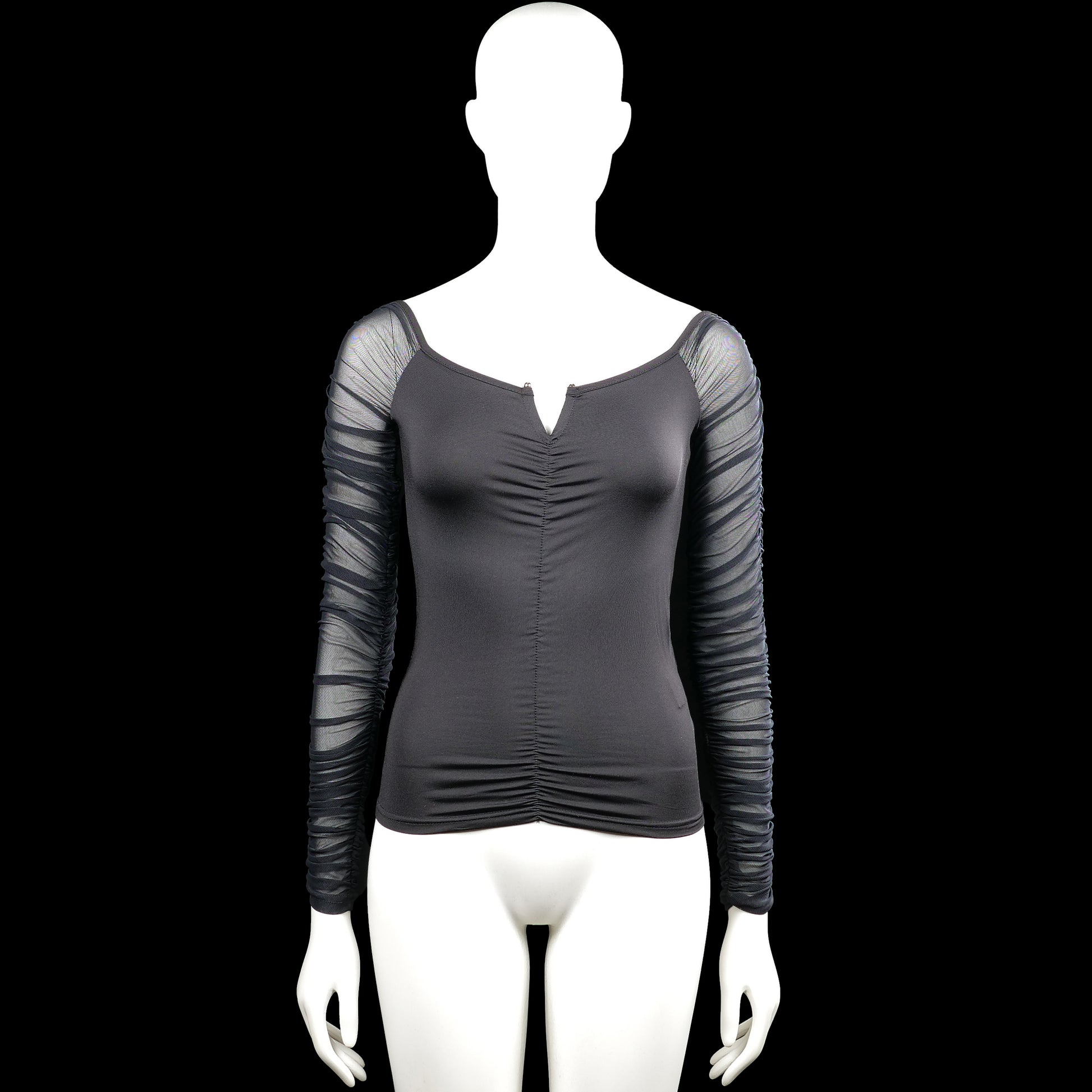 Shein - Long-sleeve top - Black & Gray - Size S - Black top with long gray ruched sleeves and a gathered seam down the center front. Scoop neckline with a small V-notch and a straight hem.
