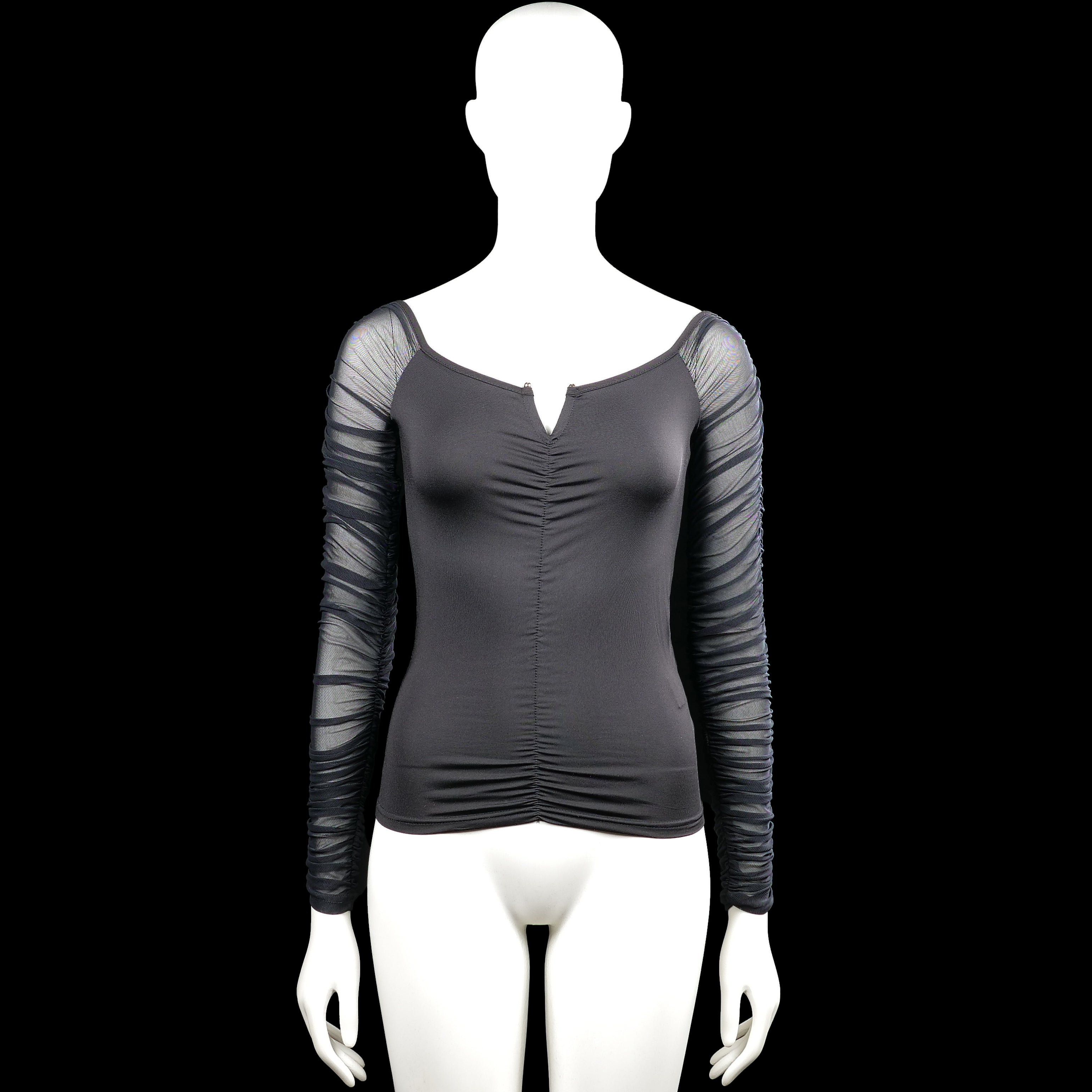 Shein - Long-sleeve top - Black & Gray - Size S - Black top with long gray ruched sleeves and a gathered seam down the center front. Scoop neckline with a small V-notch and a straight hem.