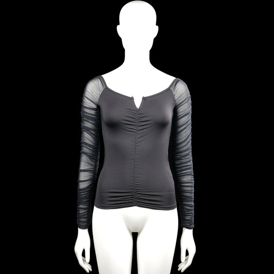 Shein - Long-sleeve top - Black & Gray - Size S - Black top with long gray ruched sleeves and a gathered seam down the center front. Scoop neckline with a small V-notch and a straight hem.