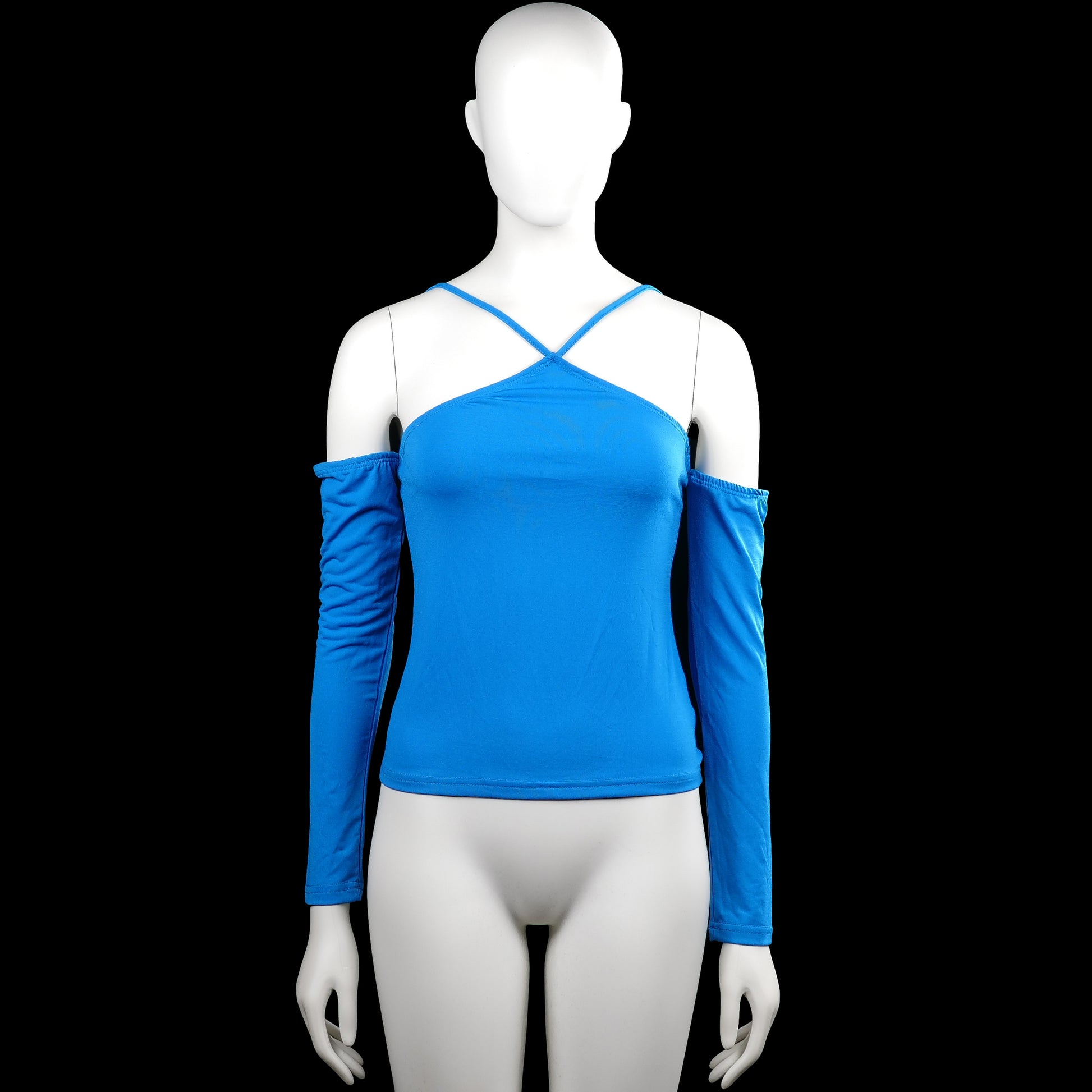 Shein - Long-sleeve top - Royal Blue - Size M - Royal blue solid top with a halter neckline and off-shoulder long sleeves. Straight hem and plain cuffs.